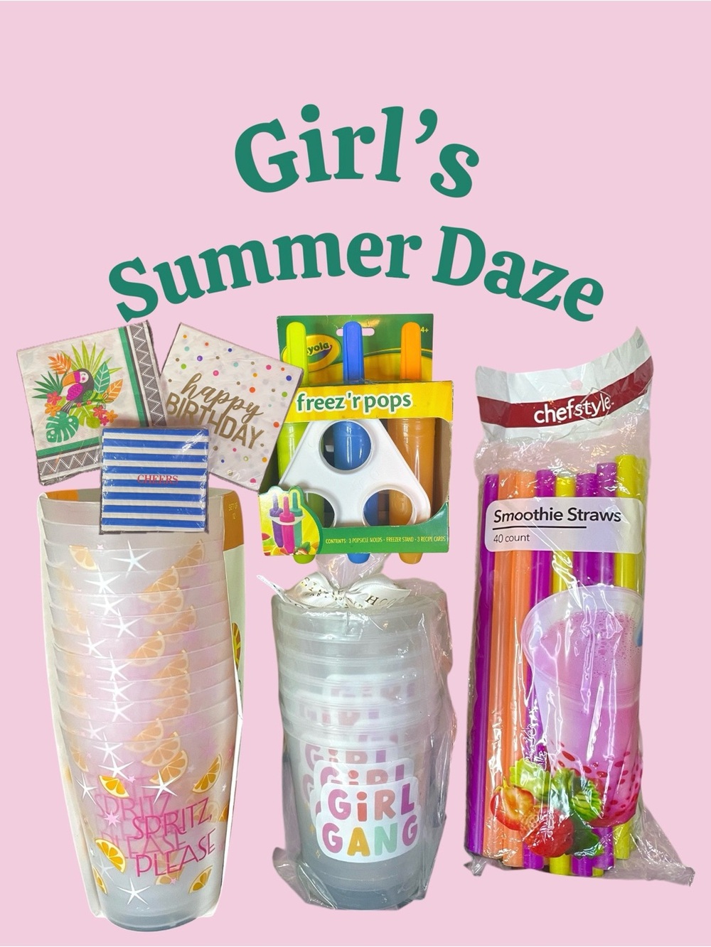 Summer Daze Bundle Cool Girl Cups Smoothie Straws Popsicle Mold Napkins NIP